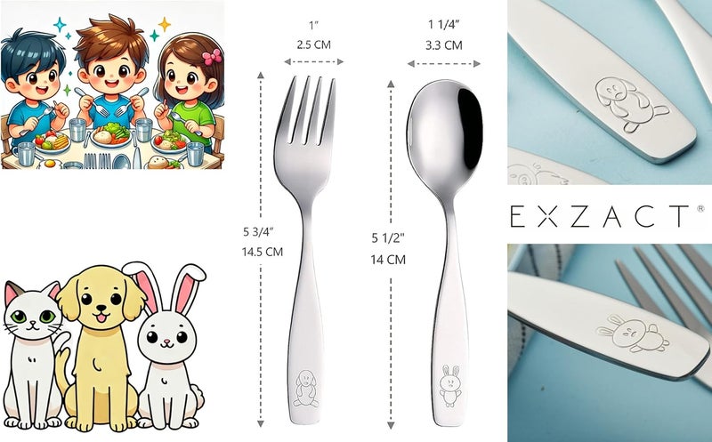 Exzact Children Flatware 6pcs - 3 x Forks, 3 x Spoons - Toddler Utensil Kids Silverware Cutlery Stainless Steel - Dishwasher Safe - Image 3